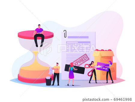 Expiration Concept with Tiny Characters at Huge Hourglass, Boxes with Spoiled Food. Woman Cutting Expired Credit Card 69461998