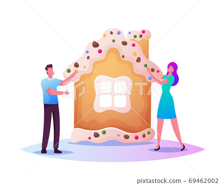 Tiny Male Female Characters Baking Huge Christmas Gingerbread House Decorating with Cookies and Sweets. Festive Activity 69462002