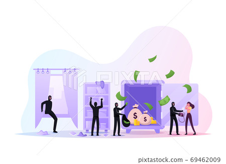 Masked Robbers Characters Holding Gun and Glowing Flashlight Sneaking for Steal Money, Robbery or Theft. Gangsters Band Masked Robbers Characters Holding Gun and Glowing Flashlight Sneaking for Steal Money, Robbery or Theft. Gangsters Band 69462009