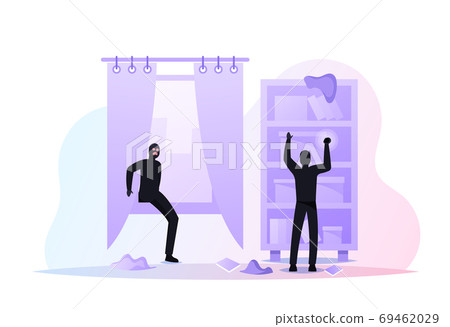 Masked Robbers Characters Secretly Penetrate into House at Night Time Ransack Home Shelves Glowing with Flashlight Masked Robbers Characters Secretly Penetrate into House at Night Time Ransack Home Shelves Glowing with Flashlight 69462029