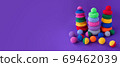 Children's educational game. Banner with knitted toys, children's hand motor development.Copy space. 69462039