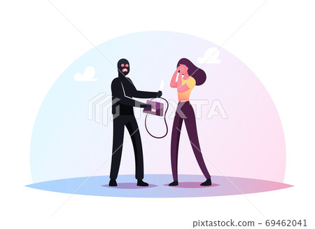Masked Robber or Thief Character Threaten to Woman Victim with Knife Steal Bag with Money, Gangsters Robbery, Criminal 69462041