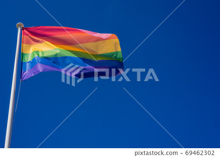 LGBT pride flag hung on a mast and waving in the blue sky 69462302