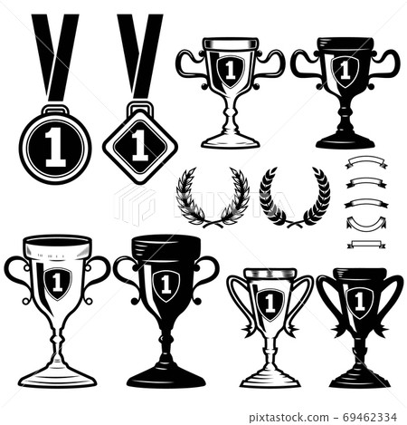 Set of monochrome winner cups, medals, wreaths isolated on white background. Vector illustration 69462334