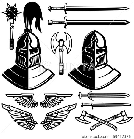 Knight helmets, swords, axes. Design elements for logo, label, emblem, sign. Vector illustration 69462376