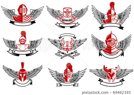 Set of the emblems with knights helmets and swords. Design elements for logo, label, badge, sign. Vector illustration 69462393