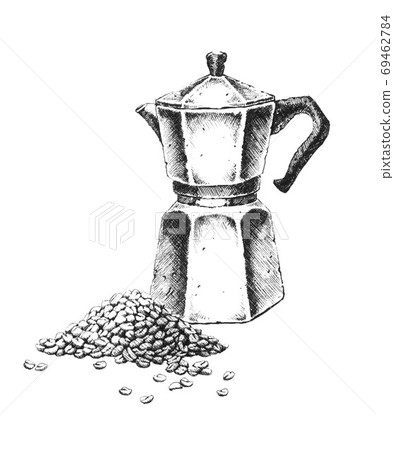 Geyser coffee maker. Hand-drawn black and white illustration. Jp Geyser coffee maker. Hand-drawn black and white illustration. Jp 69462784