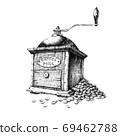Old coffee grinder. Hand-drawn black and white illustration. Jpe 69462788