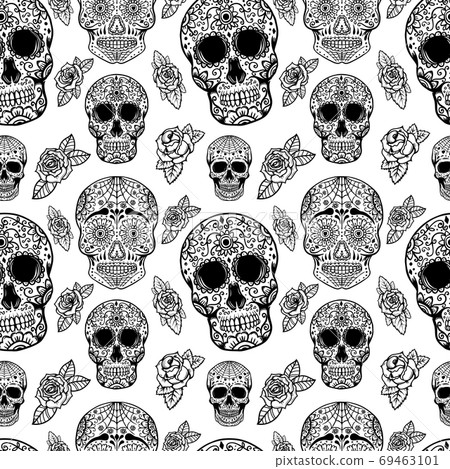 Seamless pattern with sugar skulls isolated on... - Stock Illustration ...