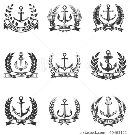 Set of the emblems with anchors and wreaths. Design elements for logo, label, emblem, sign, badge. Vector illustration 69463121