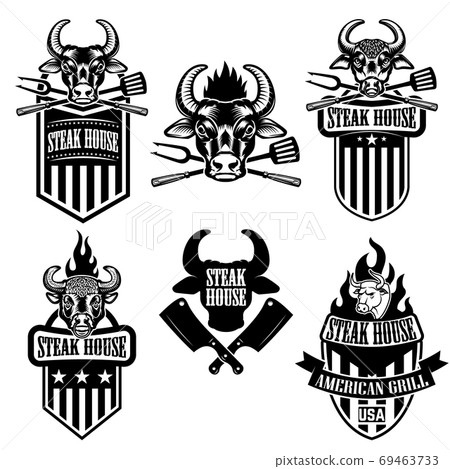 steak house. Set of the emblems with kitchen tools with bull heads. Design element for logo, label, emblem, sign, brand mark. Vector illustration. 69463733