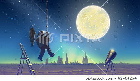 Astronaut over space background landscape with telescope and ladder, cosmonaut over starry  night sky, Milky Way with stars and moon in space, vector fantasy outdoor evening nature illustration 69464254