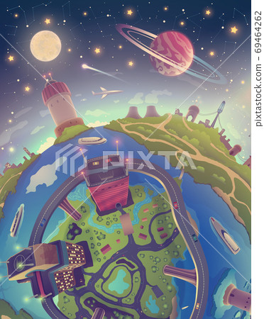 Fantasy 3d Earth landscape painting with Moon, Saturn and stars in space, seascape vector illustration, globe drawing as nature. Travel map of planet for tourism in cartoon style. 69464262