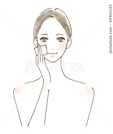 A smiling woman doing skin care with cotton, a hand-drawn figure illustration 69464285