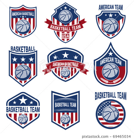 Set of american basketball team labels. Emblems with basketball balls 69465034