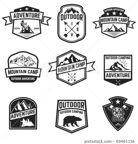 Set of hiking badges isolated on white background. Camping, outdoor ,adventure. Set of hiking badges isolated on white background. Camping, outdoor ,adventure. 69465156
