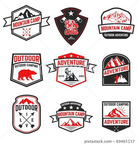 Set of extreme adventure badges. Mountains. Vector illustration. Set of extreme adventure badges. Mountains. Vector illustration. 69465157