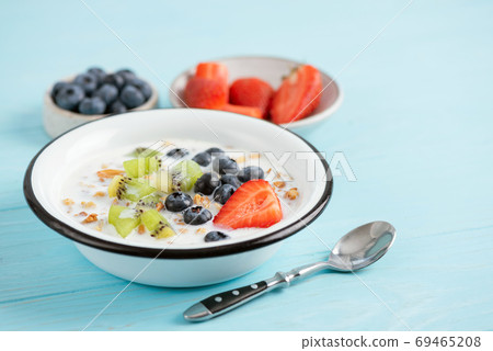 Breakfast bowl with almond milk, fruits and granola Breakfast bowl with almond milk, fruits and granola 69465208