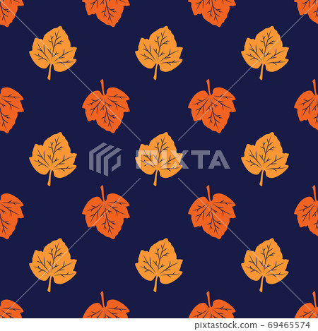 Seamless pattern from orange leaves on a navy blue background. Autumn leaf fall. Vector illustrations are great for creative designs, decorating banners, postcards, prints, textiles, fabrics, crafts. Seamless pattern from orange leaves on a navy blue background. Autumn leaf fall. Vector illustrations are great for creative designs, decorating banners, postcards, prints, textiles, fabrics, crafts. 69465574
