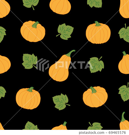Pumpkins with leaves on a black background. Seamless vector pattern. Cute autumn illustrations for holiday decorations, festive cards, banners, wrappings, prints, fabrics, textiles, creatives crafts. Pumpkins with leaves on a black background. Seamless vector pattern. Cute autumn illustrations for holiday decorations, festive cards, banners, wrappings, prints, fabrics, textiles, creatives crafts. 69465576