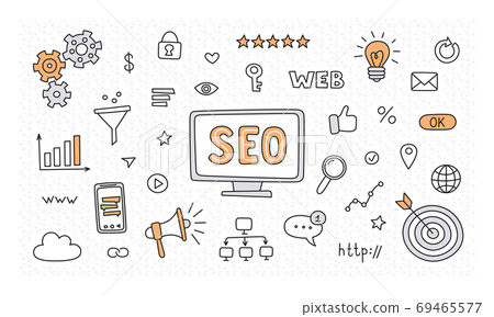Seo technology and web traffic optimization. Hand Drawn vector illustration Seo technology and web traffic optimization. Hand Drawn vector illustration 69465577