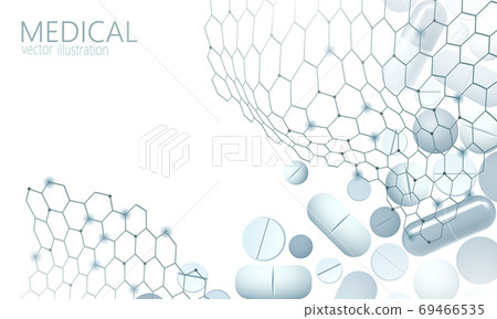 Drug capsule medicine business concept. Banner blue glowing medicament pill prebiotic probiotic ball health care cure illness. Antibiotic vitamin medical nutrition low poly vector illustration Drug capsule medicine business concept. Banner blue glowing medicament pill prebiotic probiotic ball health care cure illness. Antibiotic vitamin medical nutrition low poly vector illustration 69466535