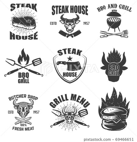 Set of steak house emblems. Grilled meat, barbecue. Set of steak house emblems. Grilled meat, barbecue. 69466651