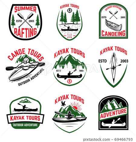 Set of kayak tours emblems. Kayaking, canoeing. 69466793