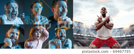 Emotional friends or fans watching football, soccer match on TV, look excited. Fans support, championship, competition concept. Collage 69467785