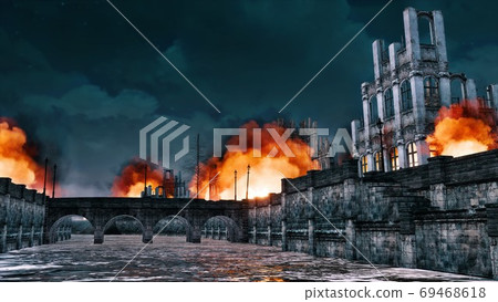 Destroyed after war old city on the river at night 69468618
