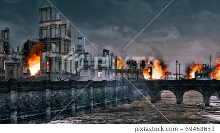 Destroyed after war old european city on the river Destroyed after war old european city on the river 69468631