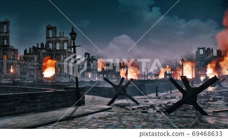 Ruined after war abandoned burning city at night Ruined after war abandoned burning city at night 69468633