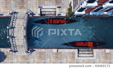 Empty gondolas on water canal in Venice Top view 69469172