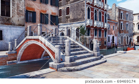 Old stone bridge over Venice canal 3D illustration 69469174