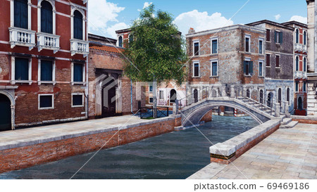 Empty Venice street with ancient bridge over canal Empty Venice street with ancient bridge over canal 69469186
