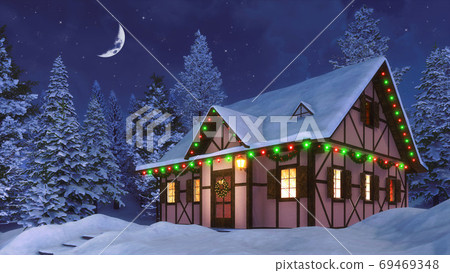 Rural house decorated for Xmas at winter night 3D Rural house decorated for Xmas at winter night 3D 69469348