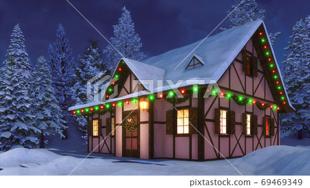 Cozy rustic house decorated for Christmas at night Cozy rustic house decorated for Christmas at night 69469349