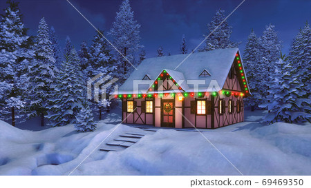 Solitary rural house decorated for Christmas night Solitary rural house decorated for Christmas night 69469350