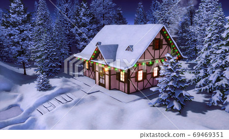 Xmas house among snowy fir forest at winter night Xmas house among snowy fir forest at winter night 69469351
