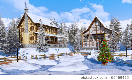 Christmas tree on snow covered alpine town square Christmas tree on snow covered alpine town square 69469453