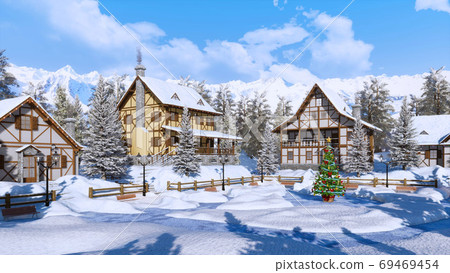 Christmas tree on snowbound alpine village square Christmas tree on snowbound alpine village square 69469454