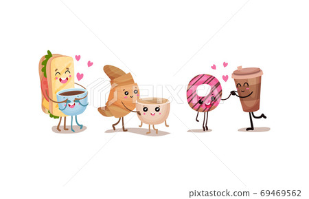 Download Kawaii Coffee Cup Holding Hands With Croissant Stock Illustration 69469562 Pixta