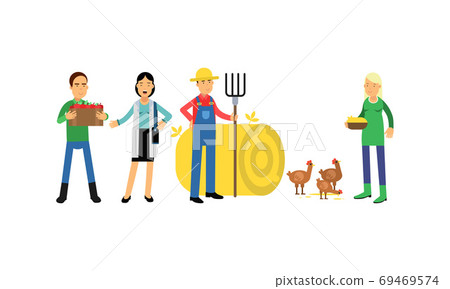 People Farmer Characters Gathering Agricultural Crops and Feeding Hens Vector Illustration Set 69469574