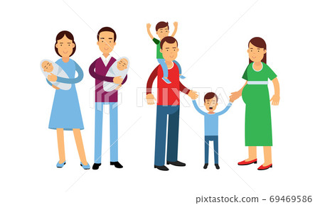 Young Man and Woman Walking with Their Kids Vector Illustration Set Young Man and Woman Walking with Their Kids Vector Illustration Set 69469586