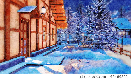 Rural house at snowy winter night in watercolor 69469831