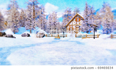 Alpine mountain house at winter day in watercolor 69469834