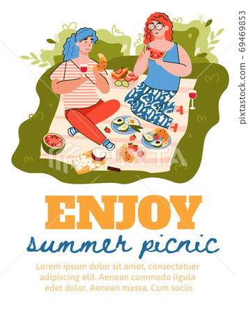 Summer picnic card with women enjoying food outdoors flat vector illustration. 69469853