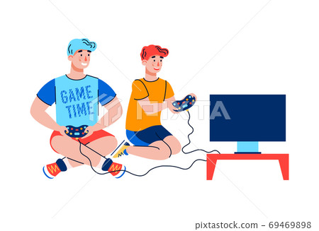 Father and son play video games on video game console a vector illustration 69469898