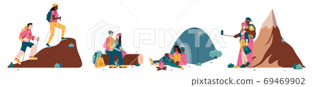 Set of hiking and trekking couples cartoon flat vector illustration isolated. 69469902