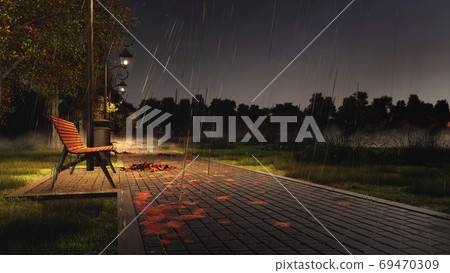 Empty bench on park walkway at rainy autumn night Empty bench on park walkway at rainy autumn night 69470309